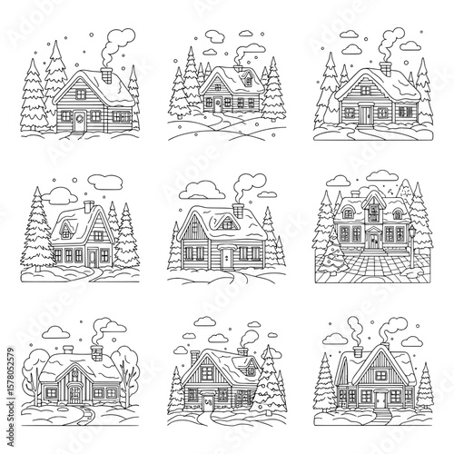 Series of cozy cabin houses surrounded by pine trees and smoke clouds