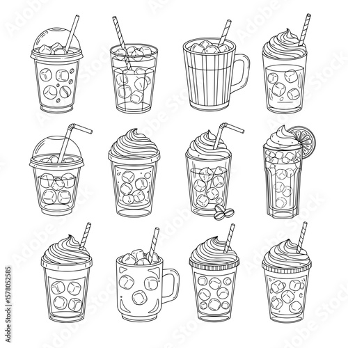 Collection of different drink beverage glasses with straws and ice