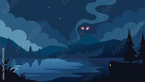Nocturnal landscape scene depicting a forest lake with mystical eyes and dramatic clouds