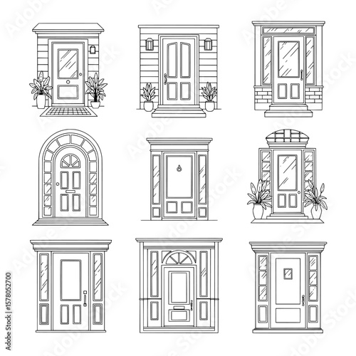 Set of nine detailed door and window facade outlines
