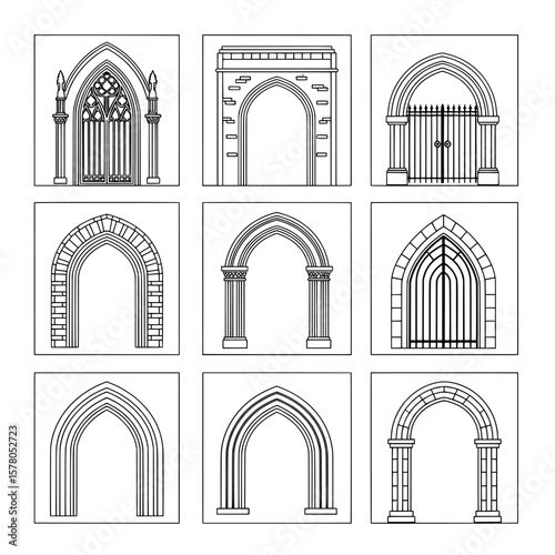 Set of ornate Gothic architectural archways with detailed door and gate structures
