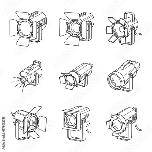 Collection of stage and studio lighting fixtures for filmmaking