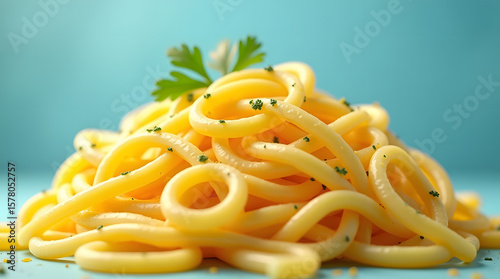 bright yellow fettucine pasta, set against a vibrant, gradient blue background with subtle, creamy undertones