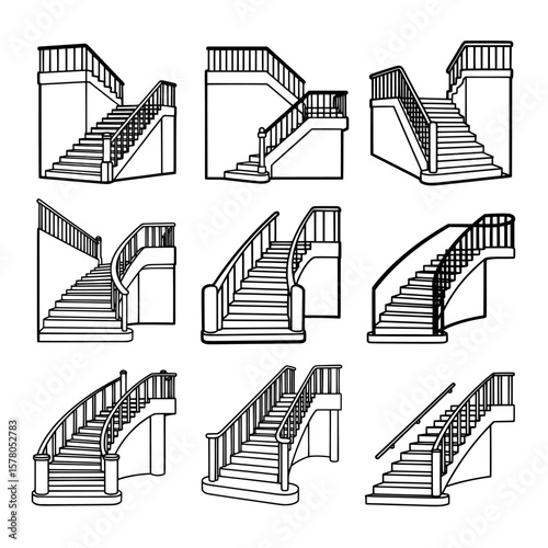 Set of staircases with railings in various designs