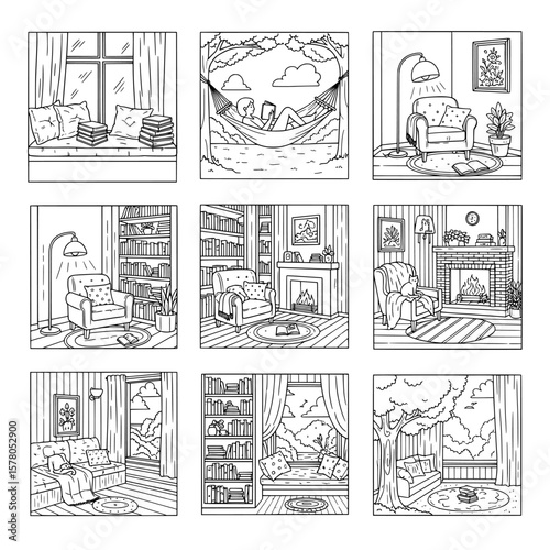 Collection of cozy indoor living room scenes with furniture and decor arrangements