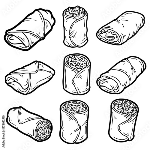 Assorted spring roll shells and fillings in outline style for culinary use