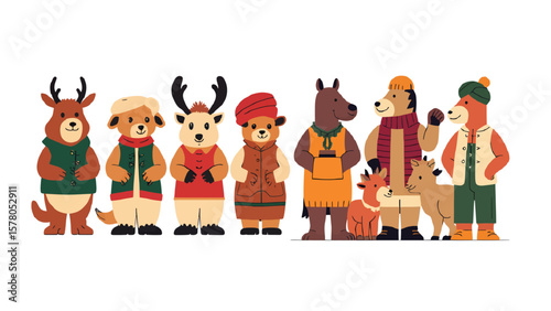 Cartoon animals dressed in winter clothing present a whimsical gathering of festive creatures, perfect for holiday illustrations and cheerful seasonal designs with a charming, hand-drawn style.
