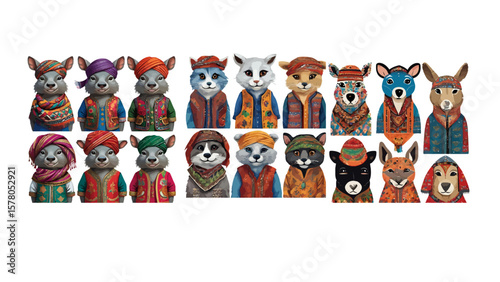 Cartoon animals dressed in traditional Indian outfits present a vibrant, colorful collection, perfect for children's content or themed projects with a playful cultural touch.