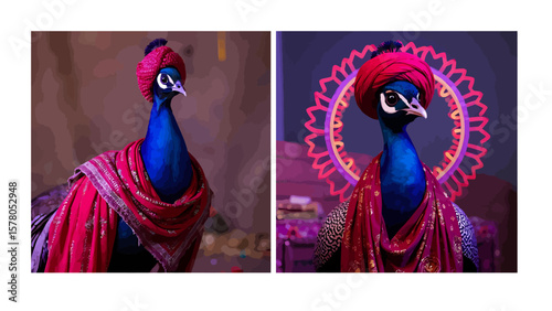 Majestic peacock presents itself in an elaborate turban and shawl, exuding regal charm and vibrant color in its artistic digital rendering with an ornate backdrop.