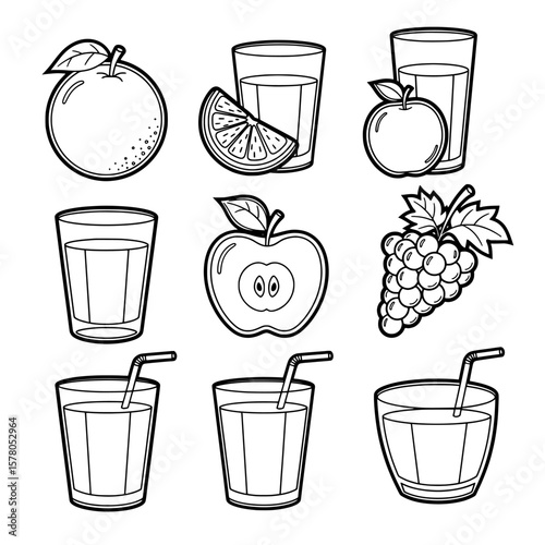 Collection of fruit and juice glasses on black background