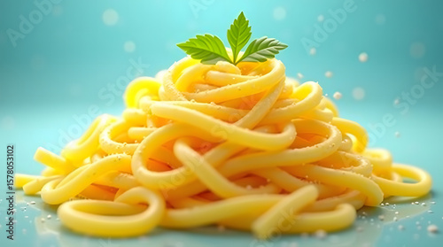bright yellow fettucine pasta, set against a vibrant, gradient blue background with subtle, creamy undertones