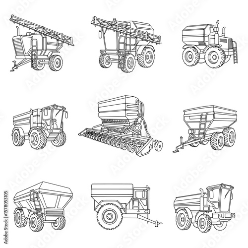 Collection of farm equipment vehicles with detailed outlines