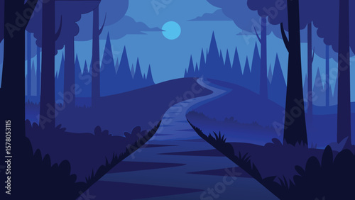 Serene blue forest landscape illustration featuring a winding path under a moonlit sky