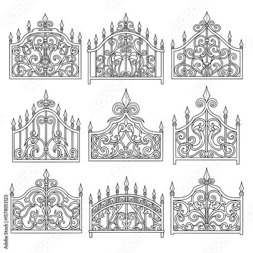 Set of ornate iron gates with decorative scrollwork and finials