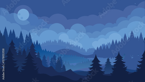 Serene blue night forest scene with moon clouds and layered mountain silhouette
