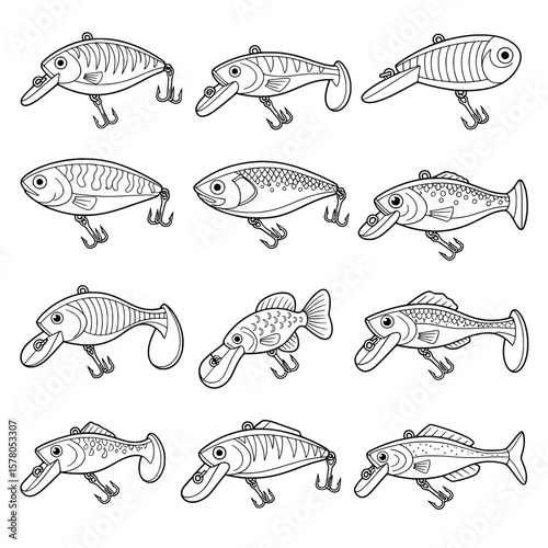 Set of fishing lures with multiple fish shapes and styles for fishing accessories