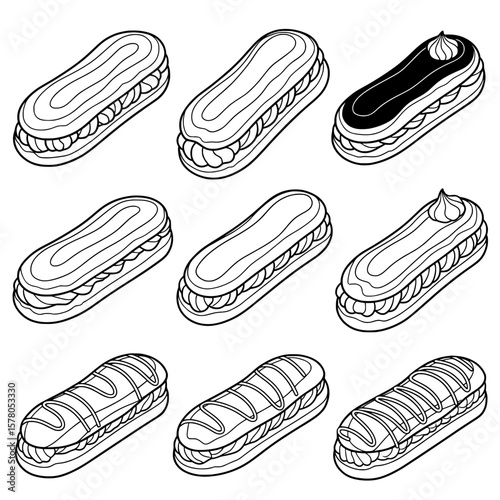 seamless pattern of éclairs with various toppings and fillings