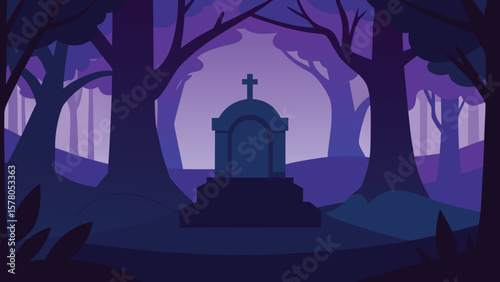 Silhouette of a tombstone and forest in a nighttime landscape vector illustration