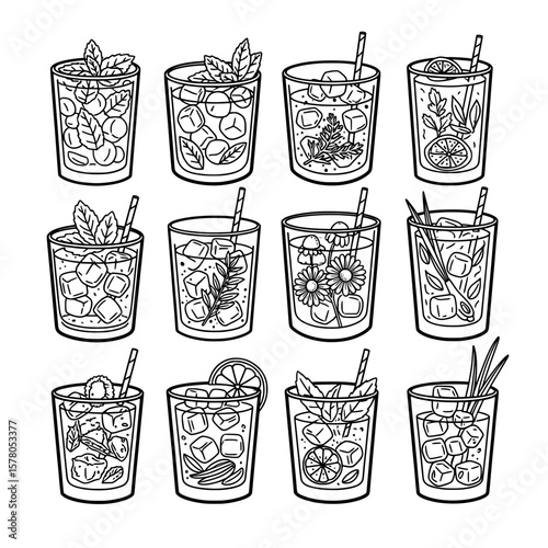 Set of twelve glass cups with smoothies and garnishes