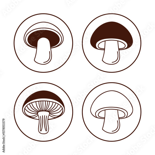 Mushroom Icon Set – Linear Outline Vector of Button, Shiitake, Oyster, Wild, and Sliced Mushrooms