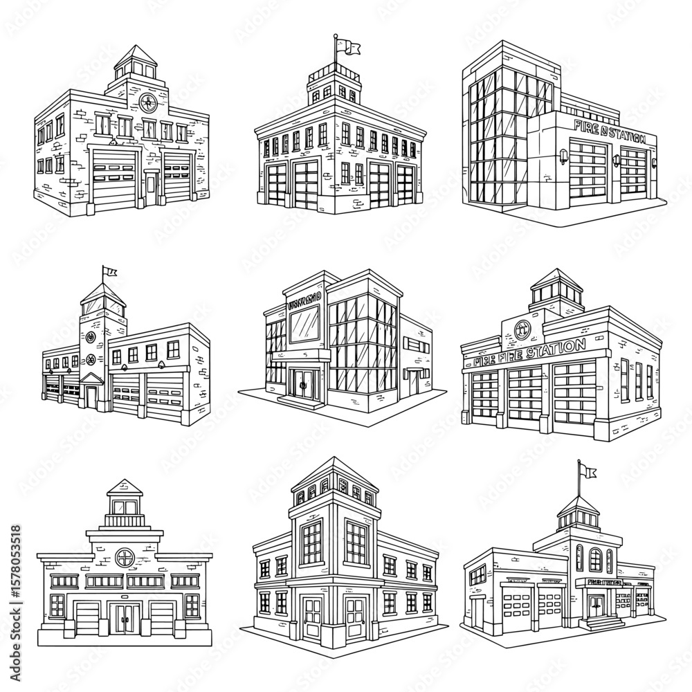 Obraz premium Set of detailed fire stations and buildings with firefighting features