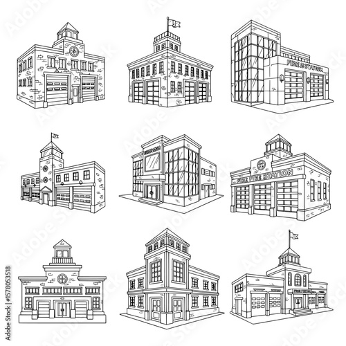 Set of detailed fire stations and buildings with firefighting features