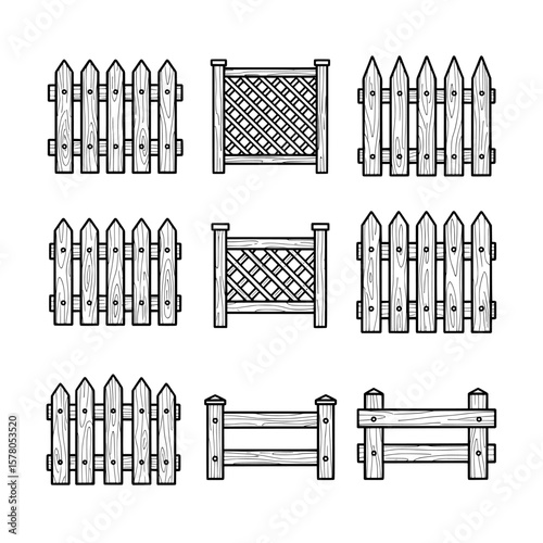 Set of wooden fences and gates for garden or yard