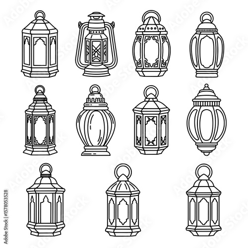 Set of ornate vintage lanterns with decorative glass panels