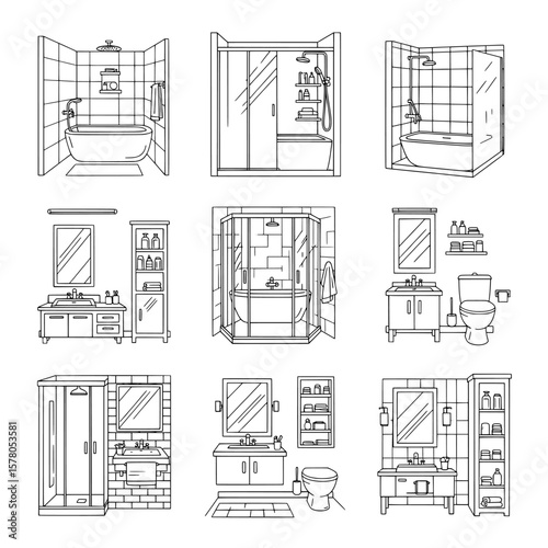 Set of detailed bathroom fixtures including shower and sink units