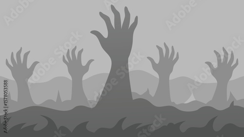 Silhouette of reaching hands rising from an abstract landscape illustration