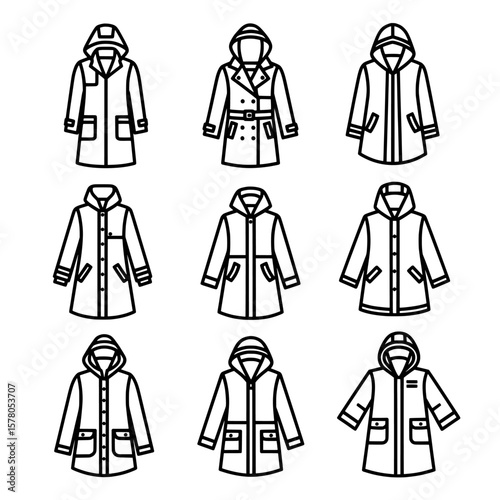 Set of outdoor jackets with hood and buttons for cold weather
