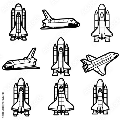 Space shuttles with different perspectives and positions for space exploration