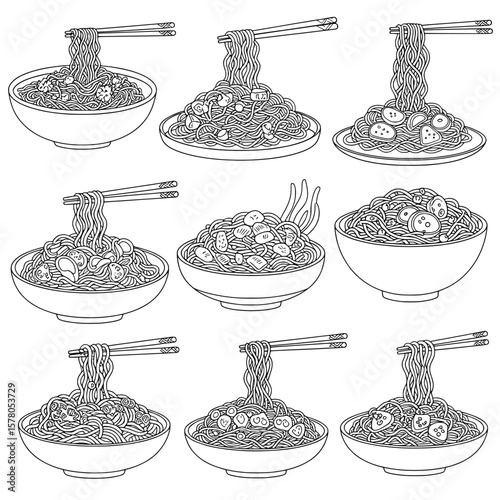 Set of various noodle dishes in bowls with chopsticks