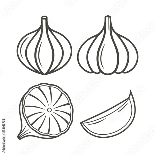 Garlic Linear Icon Set – Minimalist Outline Vector of Clove, Bulb, Chopped, Peeled & Sprouting Garlic