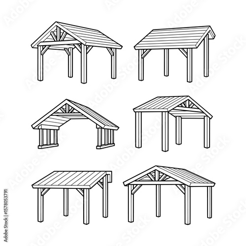 Set of wooden shelters with gabled and open roof styles