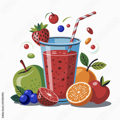 A vibrant illustration of a smoothie with various fruits and berries.