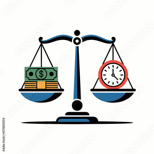 Balance scale showing money on one side and a clock on the other, illustrating the concept of time versus money.