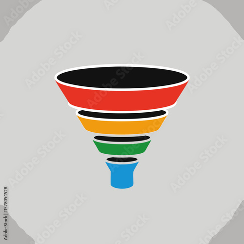 A colorful funnel illustration, wider at the top and narrowing down, against a gray background.