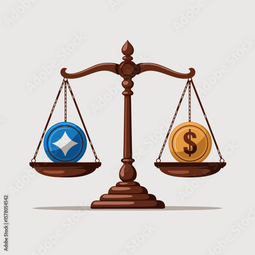 A vintage-style balance scale, with a blue coin representing value and a gold coin representing money, illustrating a comparison of worth.