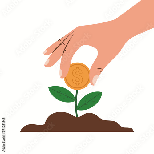 A hand places a coin on top of a small plant growing from soil, symbolizing investment and growth.