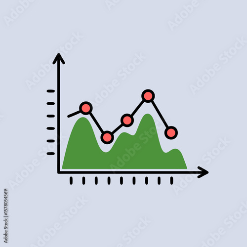 Green line graph illustrating fluctuating data points, showing growth and decline over time.