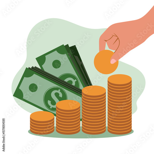 Hand adding coin to growing stacks of coins and dollar bills, illustrating financial growth and savings.