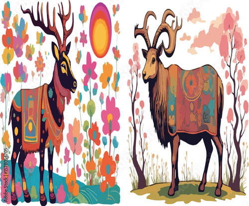 Two majestic deer are depicted in a vibrant display of nature and artistic flair, showcasing the beauty of wildlife amid colorful flowers and stylized settings.