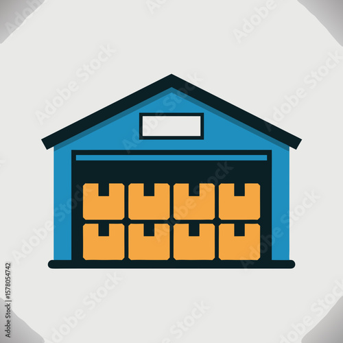 Illustration of a blue warehouse filled with stacked cardboard boxes, viewed from the front.
