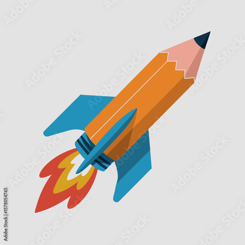 A pencil-shaped rocket blasts off, symbolizing creative inspiration and rapid progress.
