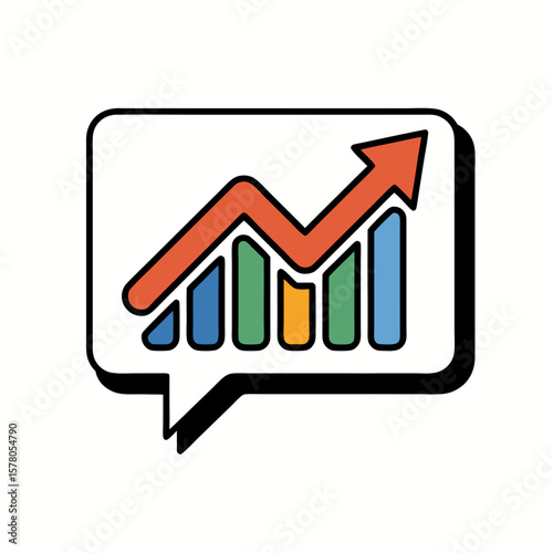 A speech bubble containing a colorful bar graph with an upward trending arrow.
