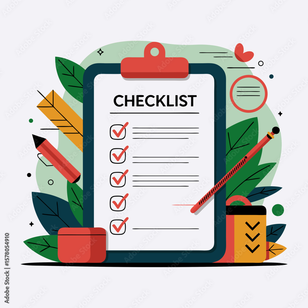 Fototapeta premium A clipboard with a checklist, completed tasks marked with red checkmarks, surrounded by decorative leaves and elements.