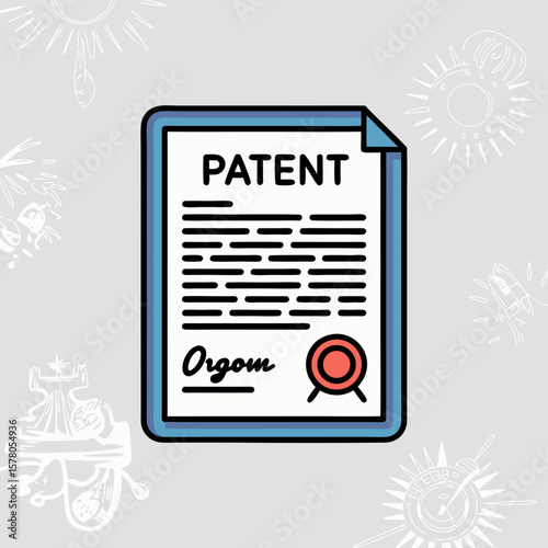 A stylized illustration depicts a patent document with a seal and signature.
