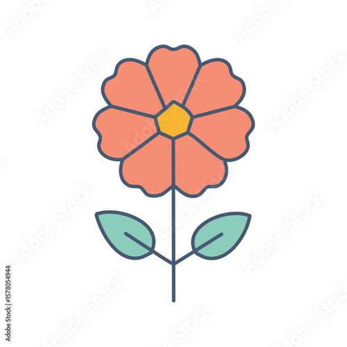 A vibrant single flower with a orange-red bloom, a yellow center, and soft teal-green leaves