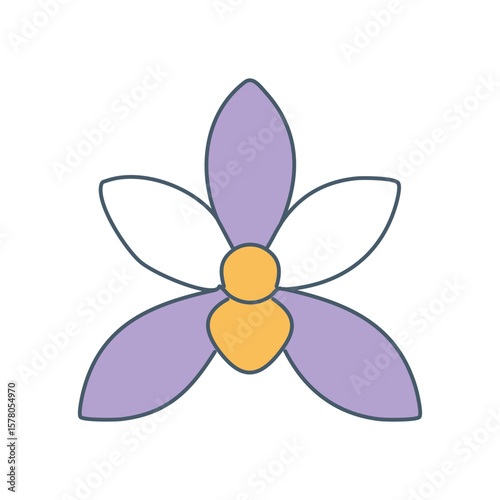 A simplified illustration of a delicate purple flower with a yellow center and white petals. The flower's clean lines and soft colors add a touch of elegance and nature's beauty